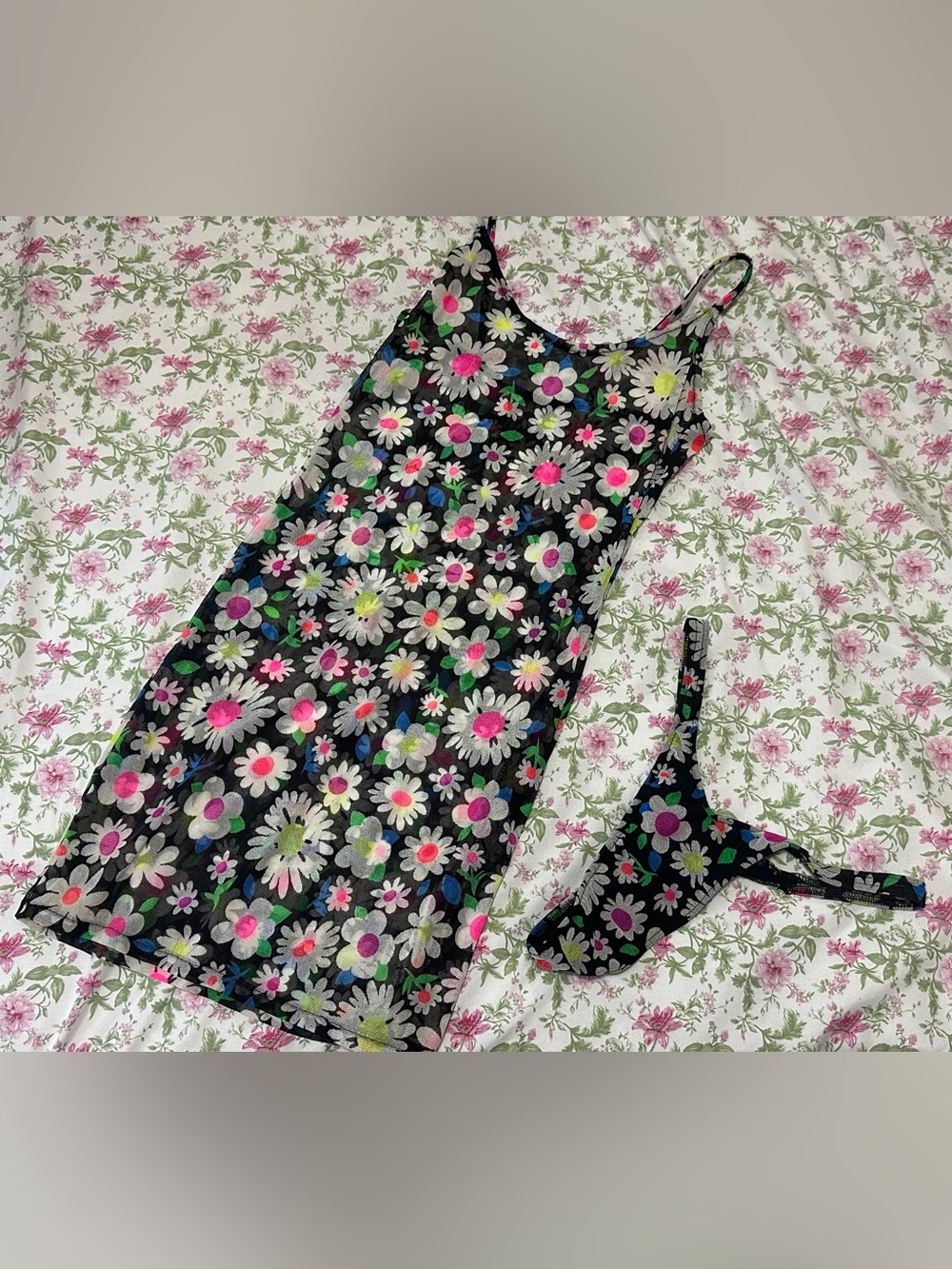 Sheer Black Daisy Slip Dress and Thong Set - Floral Print